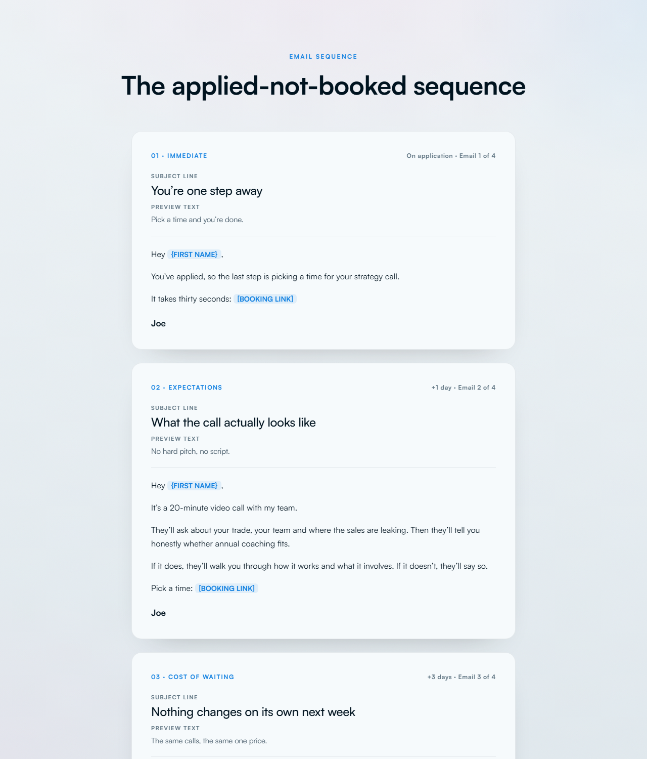 Applied-not-booked email sequence preview